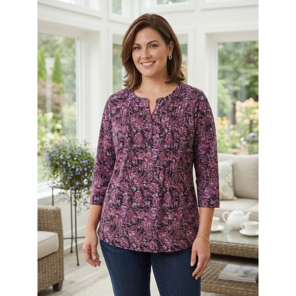 Floral Pintuck Napa Valley Purple Polyester Knit Top Size 2X XX-Large